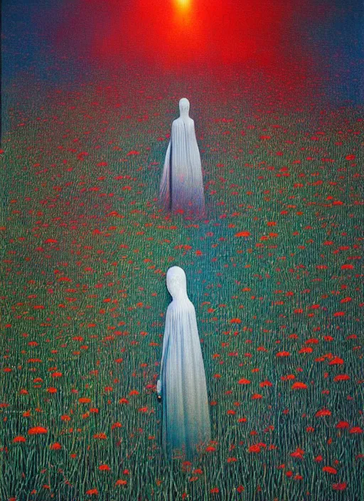 Prompt: realistic detailed image of a friendly figures of smiling ghosts and dmt jesters made of light walking back and forth in the wide abstract grass field. rich deep colors. painting by Beksinski , by Adrian Ghenie and Gerhard Richter. art by Takato Yamamoto. masterpiece