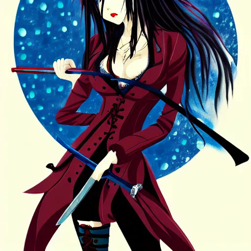 Prompt: seductive female vampire holding a bloodied katana, in the rain, highly detailed, painting, dark red and azure blue and black color palette, intricate, high quality anime artstyle, in the style of sana takeda