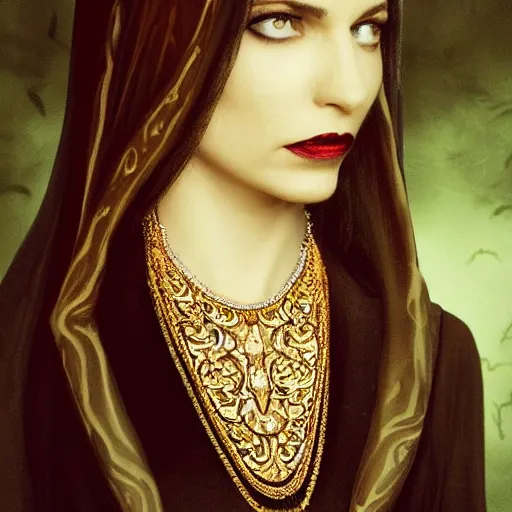 Prompt: vampire queen wearing ornate necklace, masterpiece, mysterious, spooky