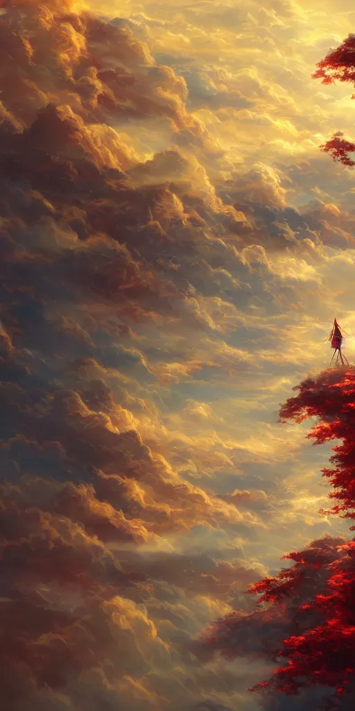 Image similar to golden paper + an intricate dragon hide in the clouds depiction + elaborate red illustration by makoto shinkai, wu daozi, very detailed, deviantart, 8 k vertical wallpaper, tropical, colorful, airy, anime illustration, anime nature wallpap