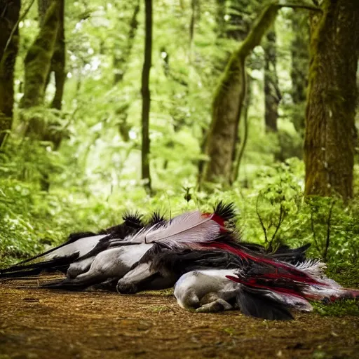 Image similar to two dead horses with many feather arrows on their body, lying on the woods path, dense thickets on each side, photo, 8 k