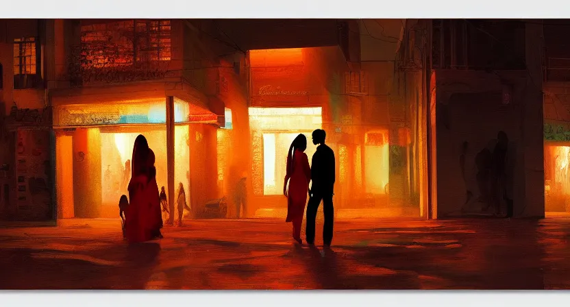 Image similar to lovers in the dark. art by salman toor. global illumination, radiant light, detailed and intricate environment, atmospheric light, cinematic, saatchi art