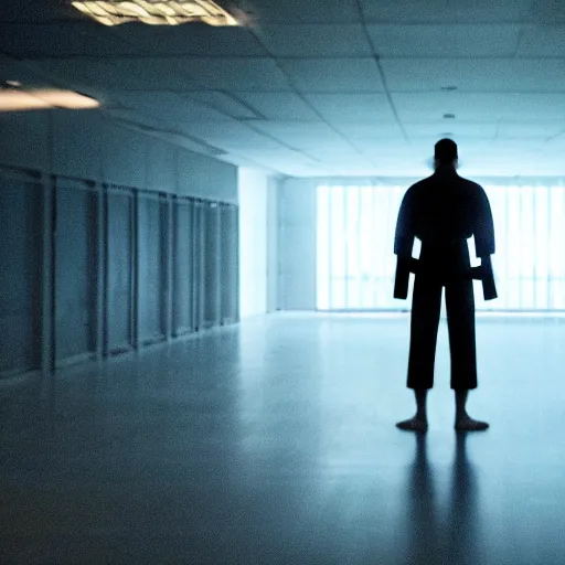 Prompt: a cinematic frame of a large empty dojo, night time, shot by roger deakins, dimly lit, low ceilings, beautiful futuristic architecture, chris nolan movie, good composition