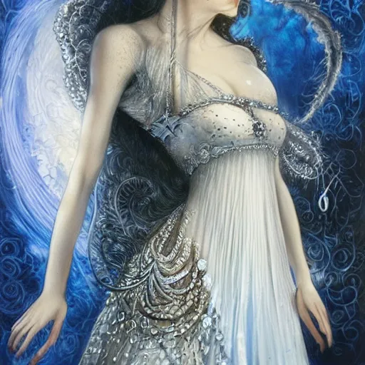 Prompt: a beautiful woman wearing a white dress made of silver with jewelry and diamonds by karol bak, ayami kojima, sakimichan, arabian beauty, blue eyes, smile, concept art, fantasy