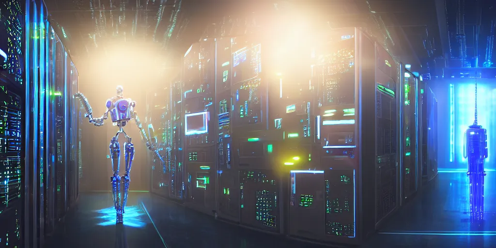 Image similar to retro robot in data center server palace high details shot cyberpunk retrowave shot from michael bay movie