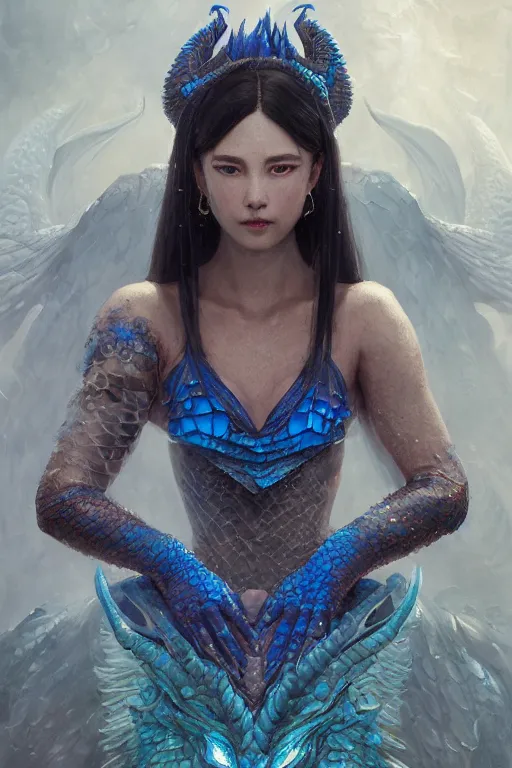 Image similar to a fancy portrait of an attractive dragon women with blue dragon scales by Greg Rutkowski, Sung Choi, Mitchell Mohrhauser, Maciej Kuciara, Johnson Ting, Maxim Verehin, Peter Konig, final fantasy , mythical, 8k photorealistic, cinematic lighting, HD, high details, atmospheric,