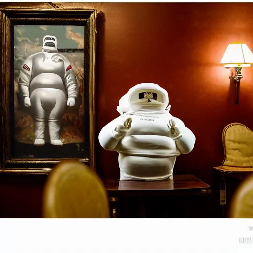 Prompt: cinematic photo of a taxidermied michelin man mounted on the wall in a fancy old fashioned smoking room