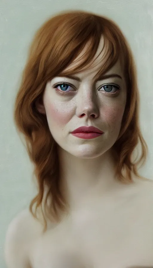 Image similar to cinematic portrait of emma stone, intricate, elegant, by alyssa monks, highly detailed, symmetrical face, fine details, masterpiece, trending on artstation