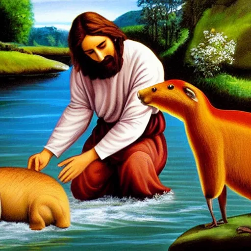 Image similar to real painting of jesus petting a capybara at the river, old painting ultra realistic image