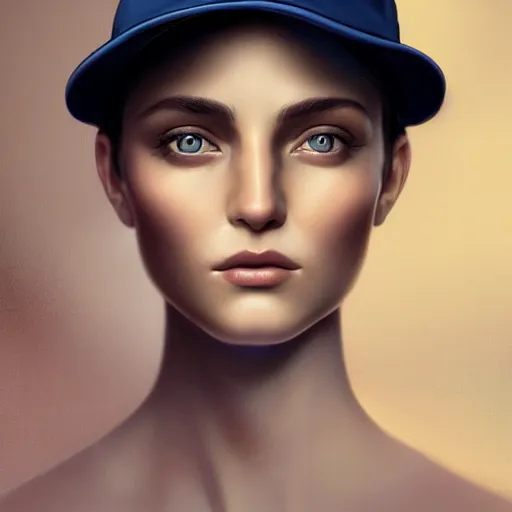 Image similar to tom bagshaw portrait, beautiful portrait of a woman with angel eyes in a suit, hair under a baseball cap, professionally retouched, focus eyes, ultra realistic soft painting, insanely detailed linework, symmetrical accurate intricate features, behance, 8 k