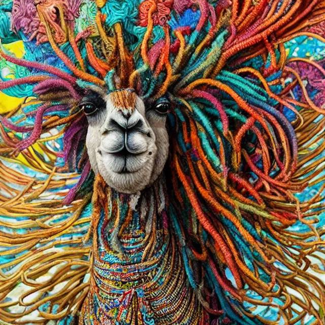 Image similar to llama with dreadlocks, colorful, detailed, by ernst haeckel, james jean, el anatsui, mandy jurgens