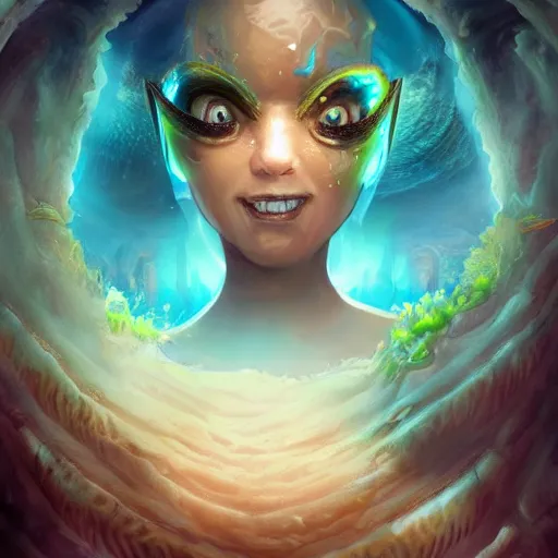 Image similar to Mysterious city under water. The Lost World of Atlantis. Alien marine beautiful woman looks at us. Big eyes, small genus, smile. Forehead tattoo. . Digital art. Super detail, 4k, wow, artstation trending