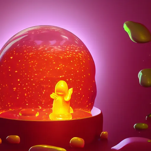 Image similar to lava lamp, gelatinous cute creature inside, happy, playful, vivid, globules, 8 k, octane render