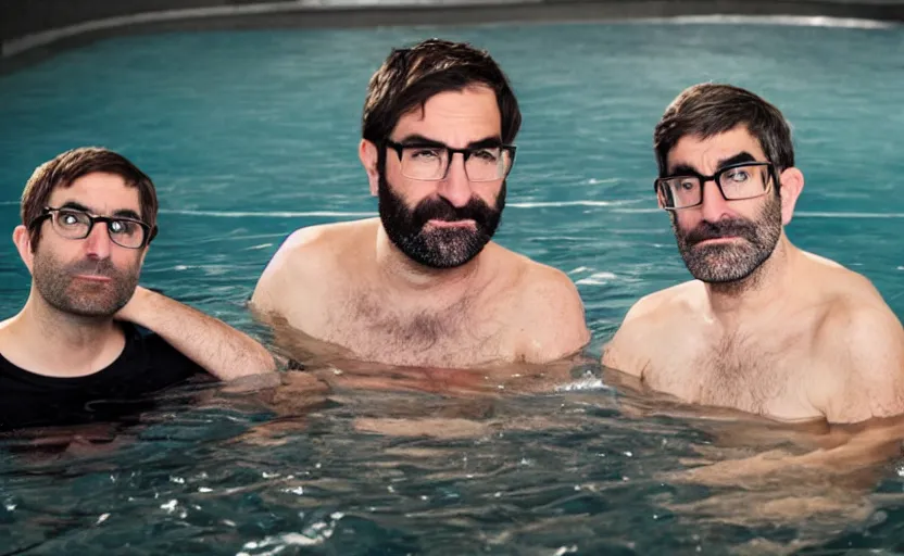Prompt: Adam buxton and louis theroux in an ice bath, bath of ice, cold, odd, depth of field, photorealistic