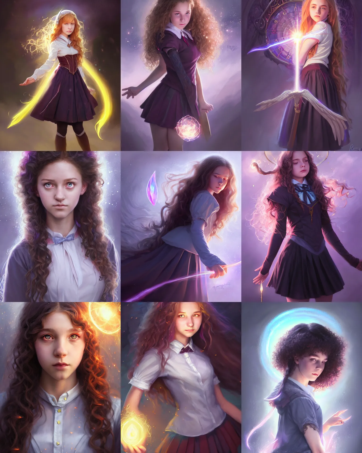 Image similar to realistic portrait of a innocent young teen girl, d&d magic fantasy, dark magical school student uniform, light curly hair, casting a bright large-scale magical spell around herself, overflowing energy, highly detailed, digital painting, trending on artstation, pixiv, concept art, sharp focus, illustration, art by Ross Tran and Greg Rutkowski and Walt Disney animation