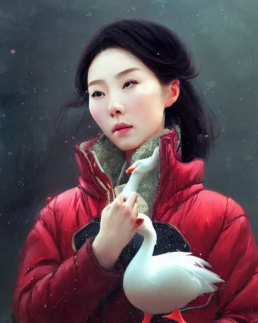 Image similar to a beautiful chinese woman in down jacket ， a goose ， winer ， wenjun lin intricate, elegant, highly detailed, digital painting, artstation, concept art, matte, sharp focus, illustration, hearthstone, art by artgerm and greg rutkowski and alphonse mucha