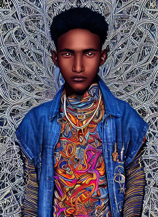 Prompt: closeup portrait of a 2 0 year old somali man, an ultrafine detailed illustration by james jean, intricate linework, bright colors, final fantasy, behance contest winner, vanitas, angular, altermodern, unreal engine 5 highly rendered, global illumination, radiant light, detailed and intricate environment