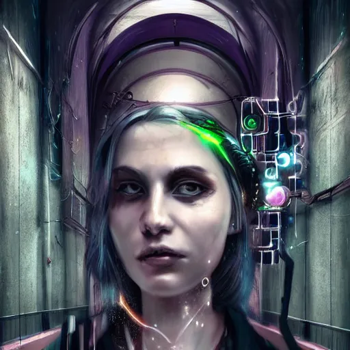 Prompt: a beautiful realistic portrait of a cyberpunk priestess in a dark alley