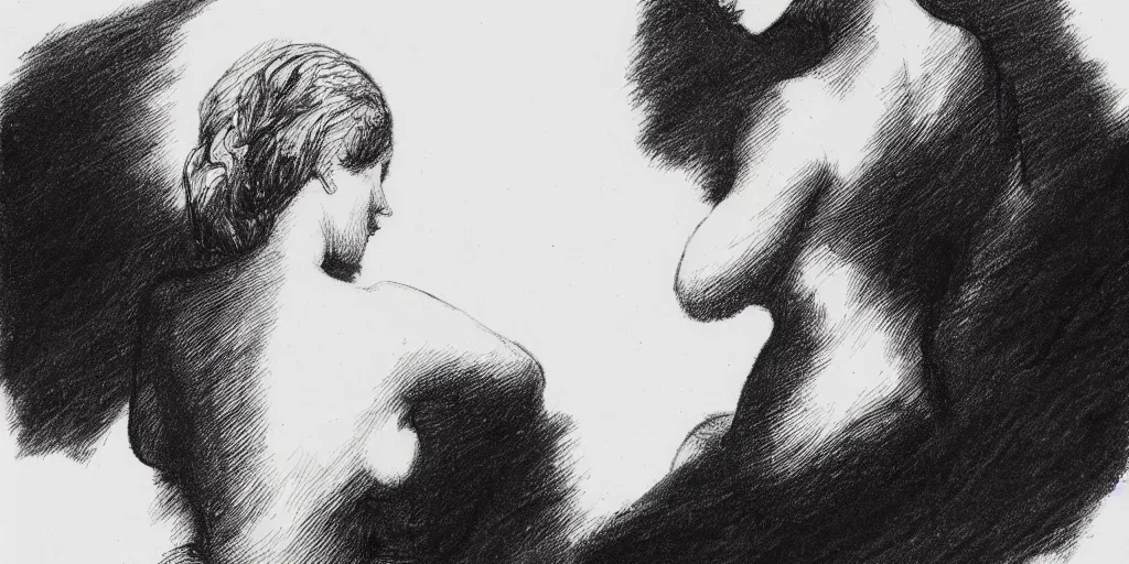 Image similar to ink lineart drawing of beautiful woman, bare back, looking over her shoulder, white background, etchings by goya, chinese brush pen illustration, high contrast, deep black tones, contour