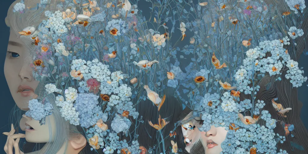 Prompt: breathtaking detailed concept art painting art deco pattern of blonde faces of feminine floral korean men amalmation light - blue flowers with anxious piercing eyes and blend of flowers and birds, by hsiao - ron cheng and john james audubon, bizarre compositions, exquisite detail, extremely moody lighting, 8 k