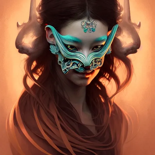 Image similar to Portrait of a girl with oni-half-mask smoke coming out of the nostrils, face, fantasy, intricate, elegant, highly detailed, digital painting, artstation, concept art, smooth, sharp focus, illustration, art by Wei Fan and Fernanda Suarez and Artem Demura and alphonse mucha