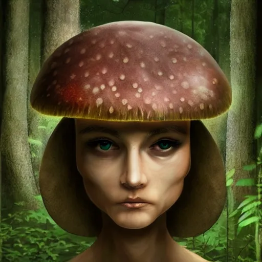 Image similar to a mushroom creature, humanoid face, photorealistic, full body, artistic, forest colors