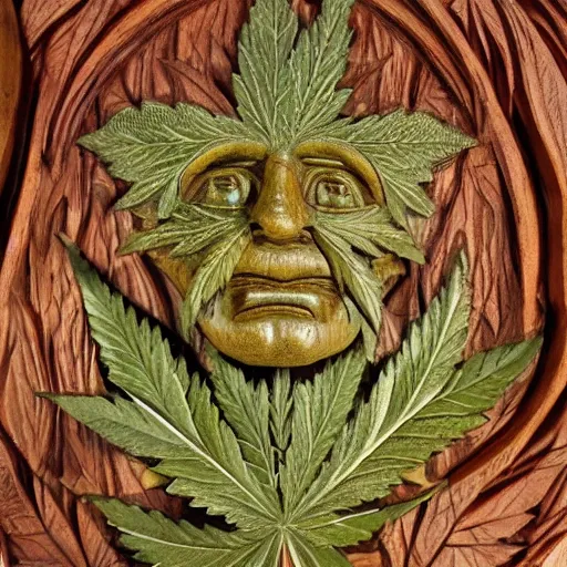 Image similar to deeply carved and stained, highly detailed wood carving depicting the face of the marijuana green man, as if made of obvious cannabis fan leaves, resting in a bed of real cannabis leaves