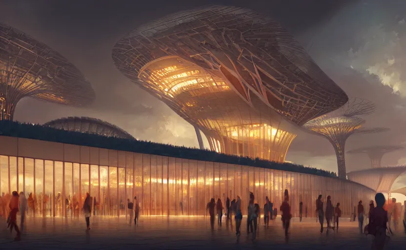 Image similar to singapore pavillion exterior at the next world expo designed by gensler, elegant atmosphere, glowing lights, highly detailed, digital painting, artstation, concept art, smooth, sharp focus, illustration, art by wlop, mars ravelo and greg rutkowski