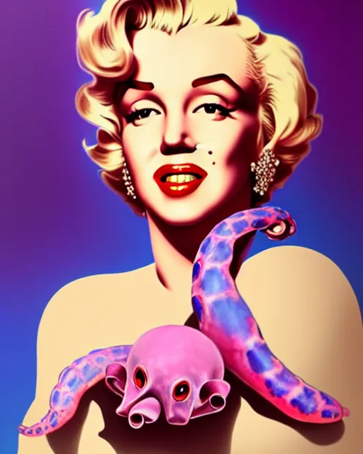 Image similar to close - up portrait of marilyn monroe, holding a pink and blue octopus, portrait, highly detailed, digital painting, artstation, concept art, sharp focus, illustration, art by artgerm and greg rutkowski and alphonse mucha