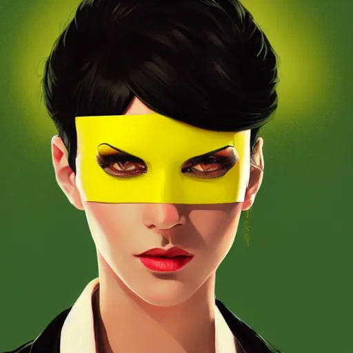 Image similar to slim girl in yellow snake skin tuxedo and black leather gloves with short black hair and with black eye patch, elegant, 2d, ultra highly detailed, digital painting, smooth, sharp focus, artstation, art by Ilya Kuvshinov