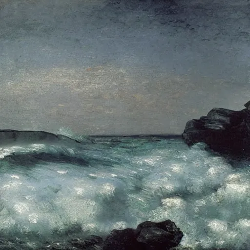 Prompt: Courbet's late landscapes and seascapes can look especially unbelievable: waves, solid like sapphire or granite; pine forests dense and frozen like the rocks of the Ardennes. In a work like ''Black Rocks,'' the atmosphere is viscous, the light of the orange sky hanging, tangibly, like seaweed, on the water and shore: a portentous image, full of longing.