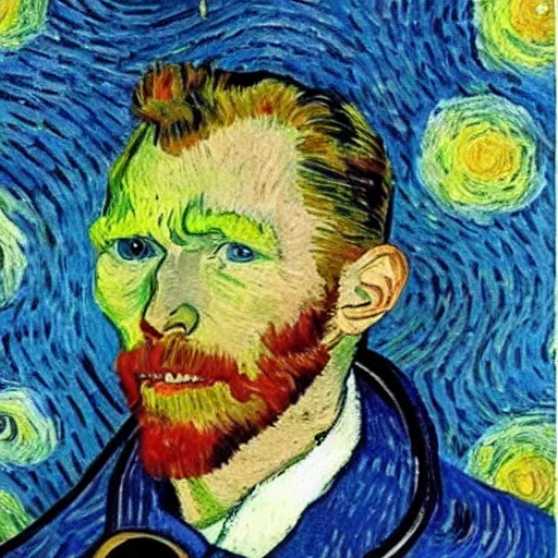 Prompt: portrait of astronaut, starry night in background, by van gogh