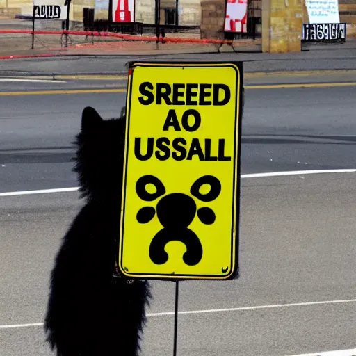 Image similar to a street sign warning furries that they will be arrested, sad furry looking at it