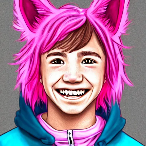 Image similar to a highly detailed portrait drawing of a cute teen boy with pink hair and pink wolf ears, smiling, waring a collar and a hoodie, artstation, fantasy