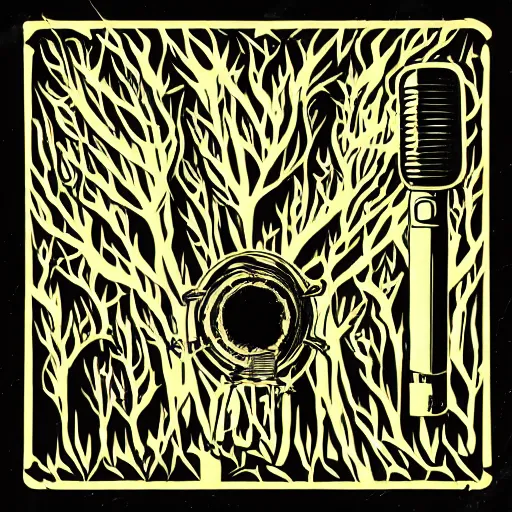 Image similar to dark death metal themed vector illustration for a record label, trees. forest, spikes, skull, microphone, skull, award winning, grunge, iconic, golden ratio