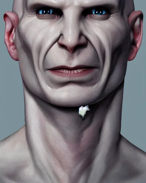 Prompt: portrait of lord voldemort, a 4 0 - year - old bald man, with a white complexion, wide, cat - like scarlet eyes, without nose, and a thin mouth, hyper realistic face, beautiful eyes, character art, art by mark brooks, hyperdetailed, cryengine, trending on artstation, digital art