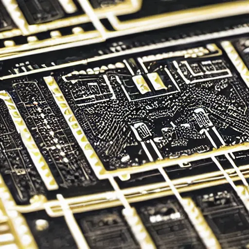 Prompt: closeup of the art deco detailing on a circuit board