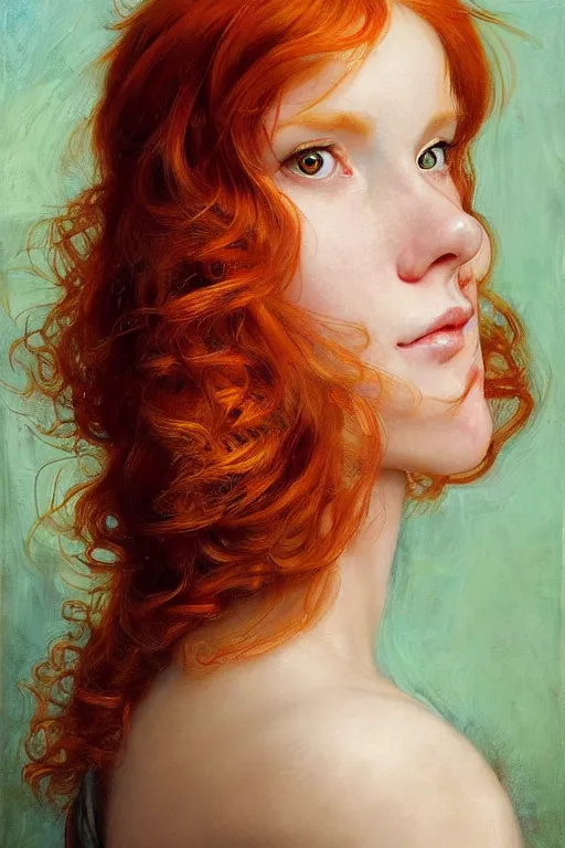 Prompt: hyper realistic painting portrait of a redhead girl with flowing curls and closed eyes, her skin is like gold and turquoise background, hyper detailed face, in the style of stjepan sejic, norman rockwell, michael hussar, roberto ferri and ruan jia, john william waterhouse, godward, david kassan