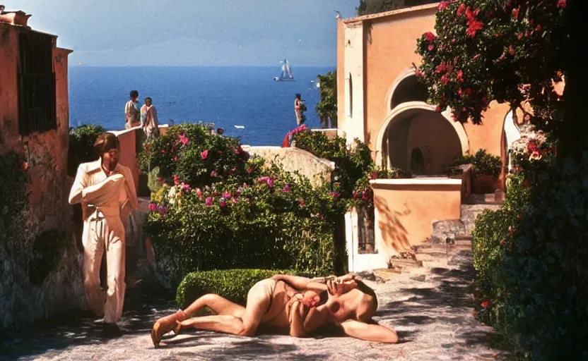 Prompt: still from l'estate, a movie by luchino visconti ( 1 9 7 4 ) set in capri. technicolor, dramatic light, cinematic composition, flamboyant