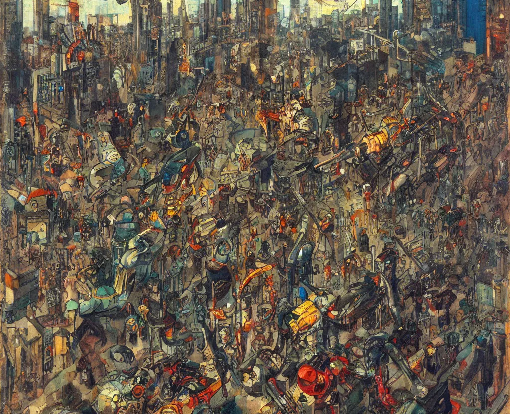 Prompt: an angry mob chasing a giant robot along a glass and steel street as by moebius, george luks, and francis bacon, extreme detail, saturated color scheme