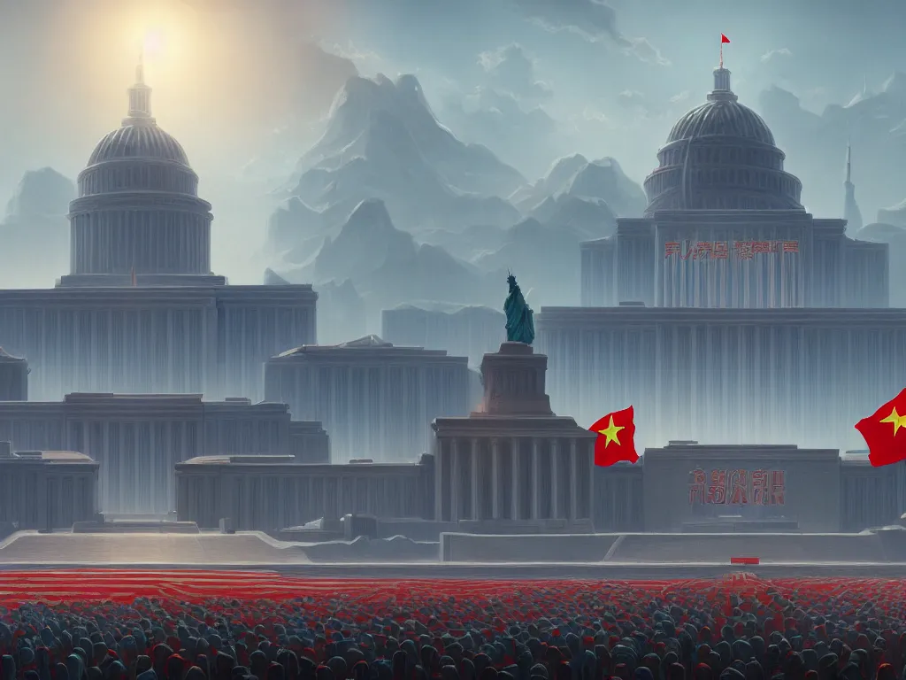 Image similar to landscape matte painting by fan wennan. communist american capitol megastructure shining in the sun after the triumph of socialism in america, communist american state flag, communist statue and emblem, digital painting, awe, bright future, hope, highly detailed, 4 k, artstation, photorealistic, architecture, america 2 0 9 8