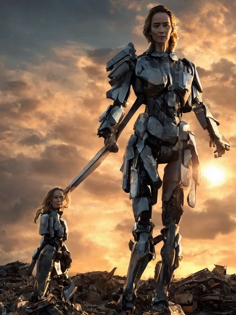 Image similar to emily blunt in futuristic power armor, by herself, holding a sword on her shoulder, standing atop a pile of rubble, sunset and big clouds behind her