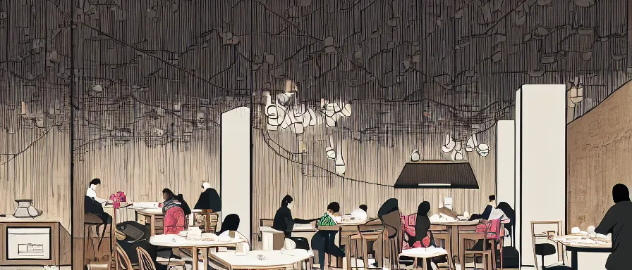 Image similar to a beautiful interior view illustration of a small roasted string hotpot restaurant in yan'an city, restaurant wall paper is a tower on a mountain, rectangle white porcelain table, people are eating, black chair, animation illustrative style, from china, simple style structure decoration design, victo ngai, james jean, 4 k hd