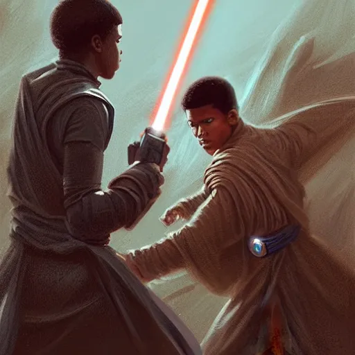 Image similar to scifi art by greg rutkowski, ben skywalker and a jedi that looks like john boyega, sparring with lightsabers at a jedi temple, star wars expanded universe, he is about 3 0 years old, highly detailed portrait, digital painting, artstation, concept art, smooth, sharp foccus ilustration, artstation hq