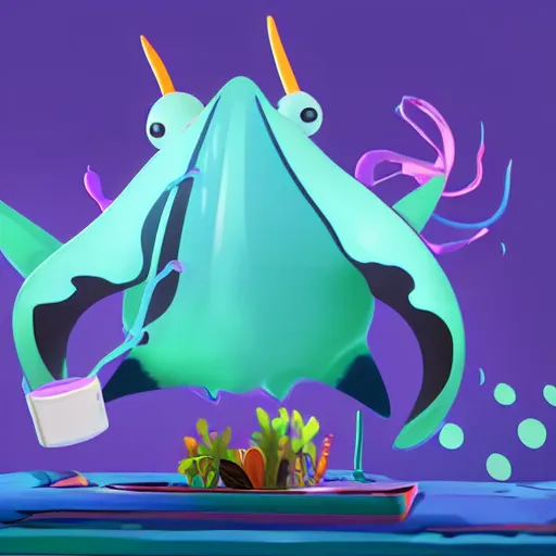 Prompt: a manta ray character who sells paints, designed by splatoon nintendo, inspired by tim shafer psychonauts 2 by double fine, cgi, professional design, gaming