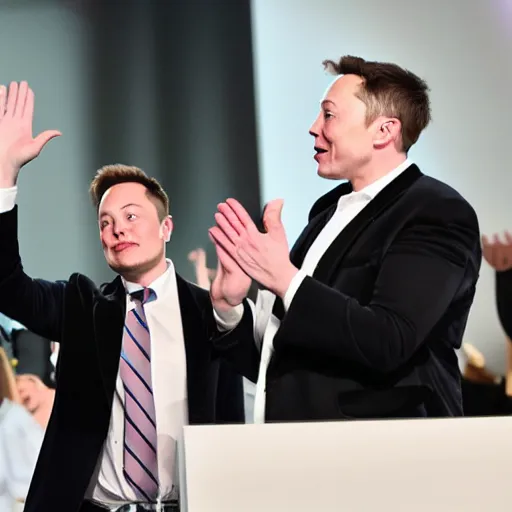 Prompt: Elon Musk high-fiving an Elon Musk clone, highly detailed, high quality, HD, 4k, 8k, Canon 300mm, professional photographer, 40mp, lifelike, top-rated, award winning, realistic, sharp, no blur, edited, corrected, trending