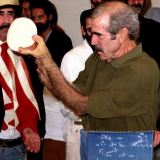 Prompt: saddam hussein playing beer pong with george w. bush