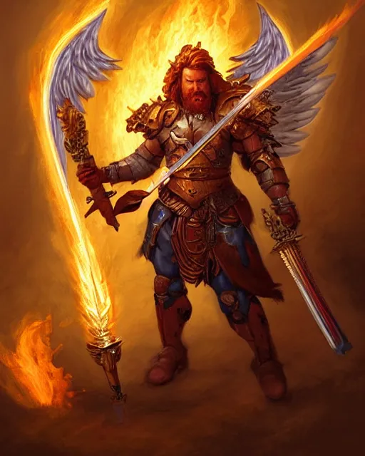 Prompt: character portrait of a brawny male warrior angel of justice, with fiery golden wings of flame, wearing shining armor, wielding a flaming sword and holding a heater shield, by peter mohrbacher, mark brooks, jim burns, wadim kashin, greg rutkowski, larry elmore, trending on artstation