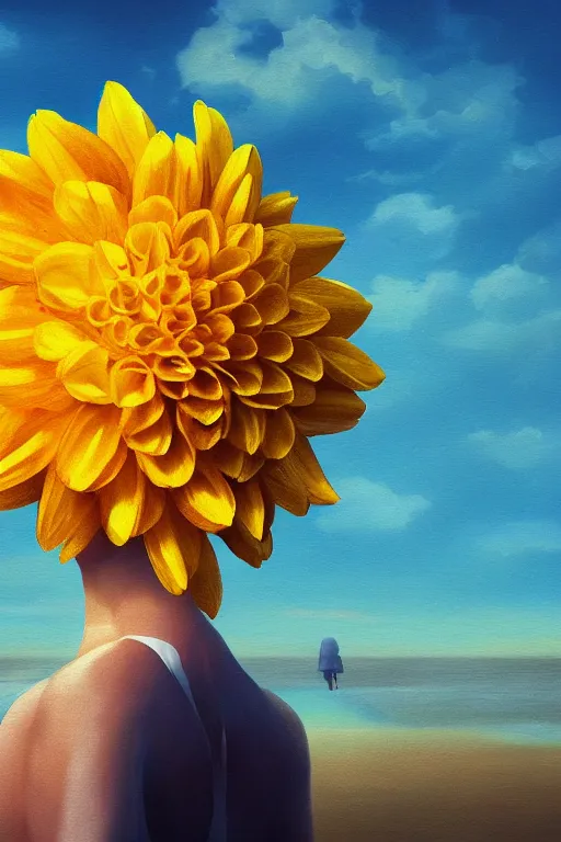 Image similar to closeup girl with huge yellow dahlia flower face, on beach, surreal photography, blue sky, sunrise, dramatic light, impressionist painting, digital painting, artstation, simon stalenhag