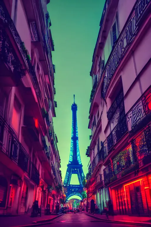 Image similar to neon streets of paris with eiffel tower, 4 k, award winning photo, cyberpunk style